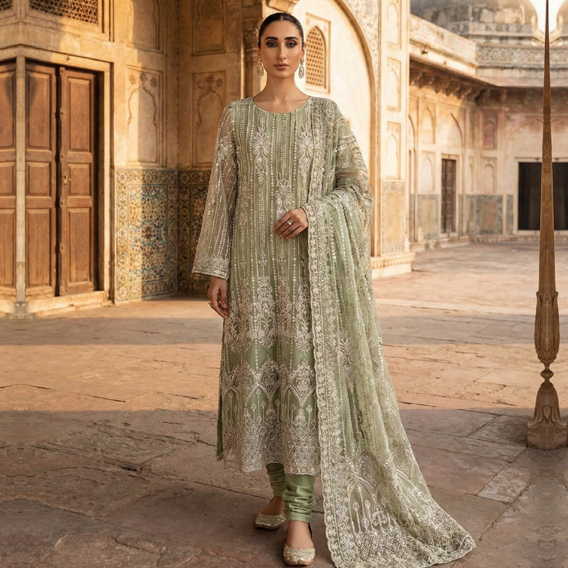 Net Shirt with Cut Dana Work, Silk Pants & Dupatta