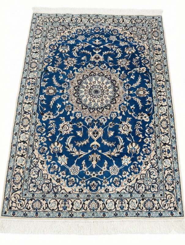 Handmade Persian Royal Nian Silk & Wool Carpet – Royal Blue & Ivory (6×4 ft)