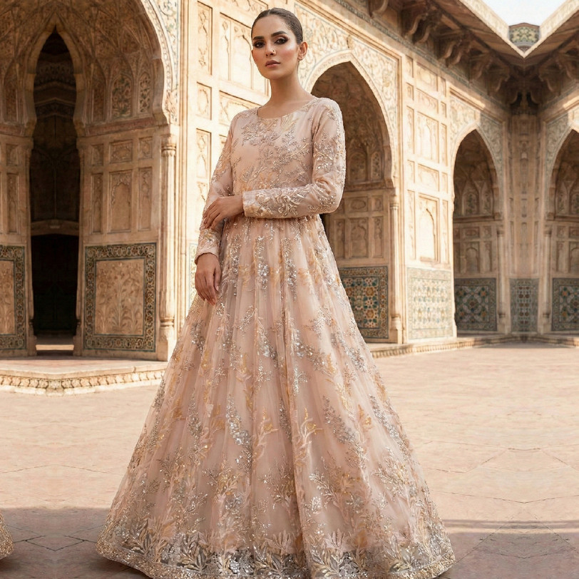 Net Embroidered Shirt with Dupatta & Silk Pants