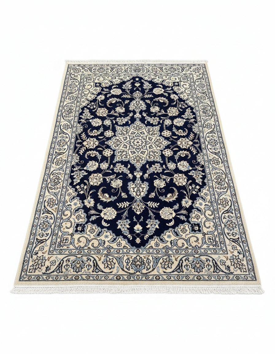 Handmade Persian Nian Silk & Wool Carpet – French Blue & Ivory Floral Design (6×4 ft)