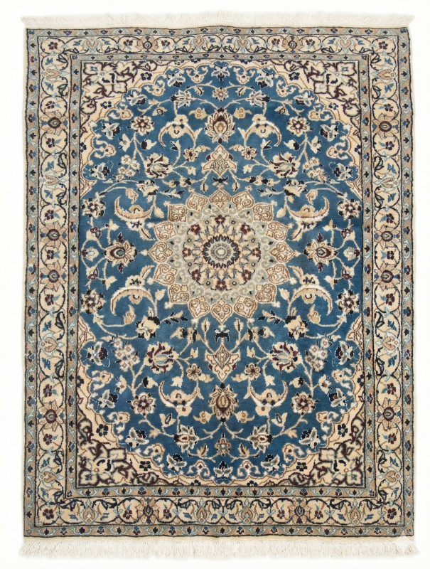 Handmade Persian Nian Silk & Wool Carpet – Yale Blue & Ivory Floral Design (6×4 ft)
