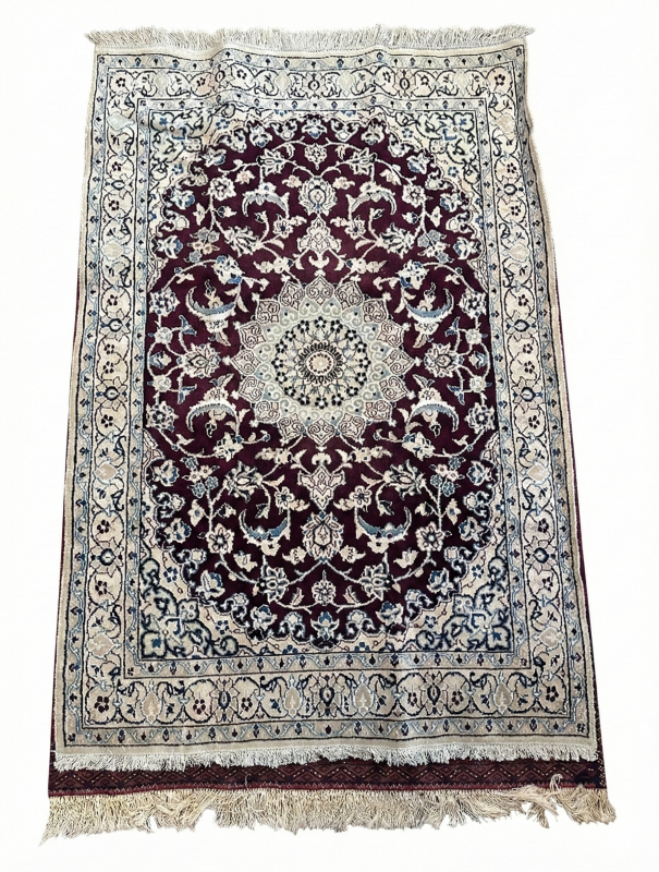 Handmade Persian Silk & Wool Nian Rug – Burgundy, Yale Blue & Ivory (6×4 ft)